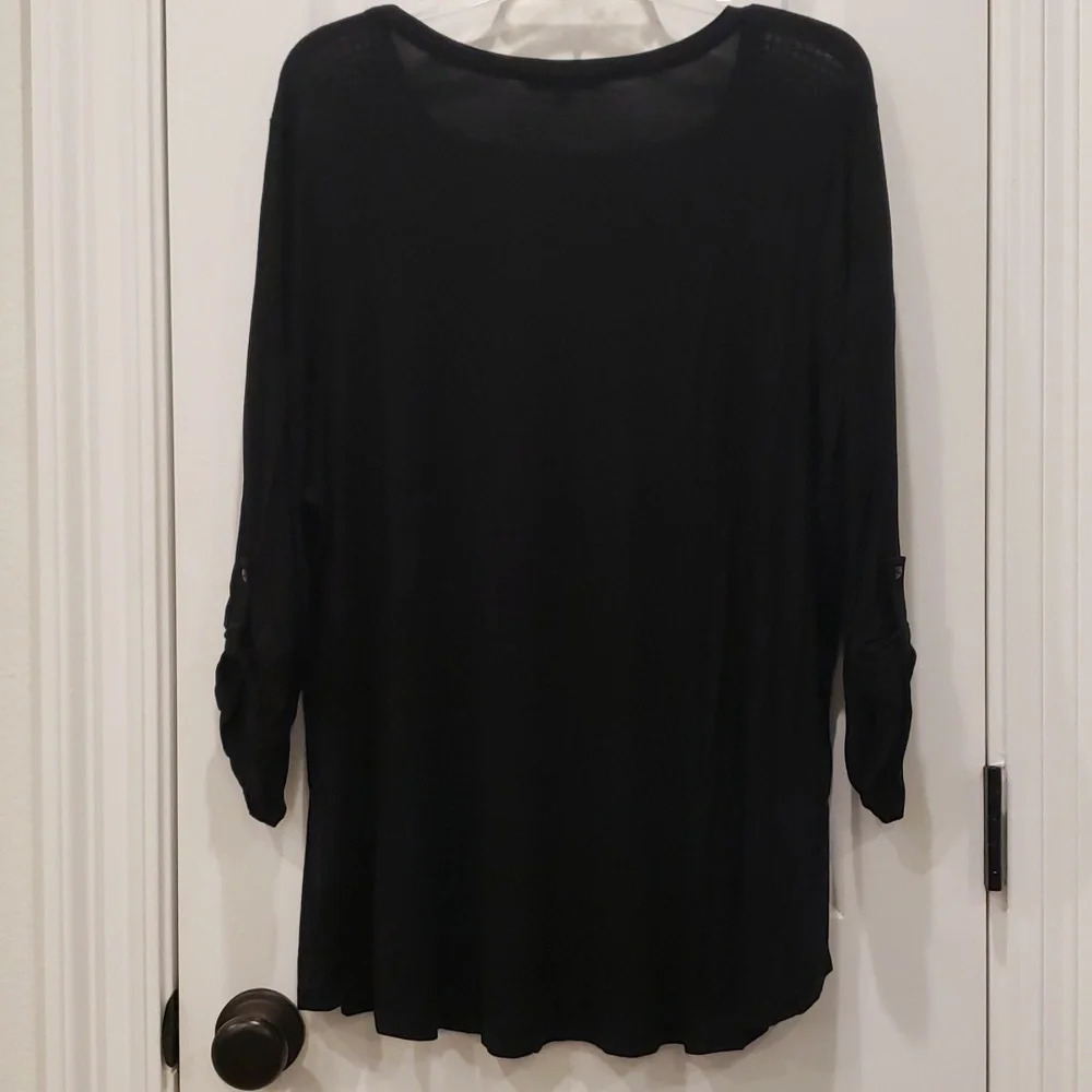 Crochet Embellished Black Tee Women Plus 1X Cable & Gauge 3/4 sleeves - Picture 4 of 15